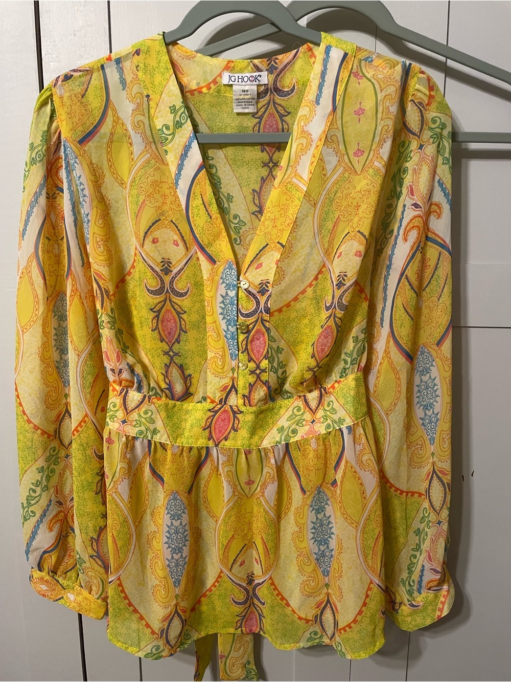 Bright Sheer Yellow Paisley V-Neck Peplum Blouse by JG Hook